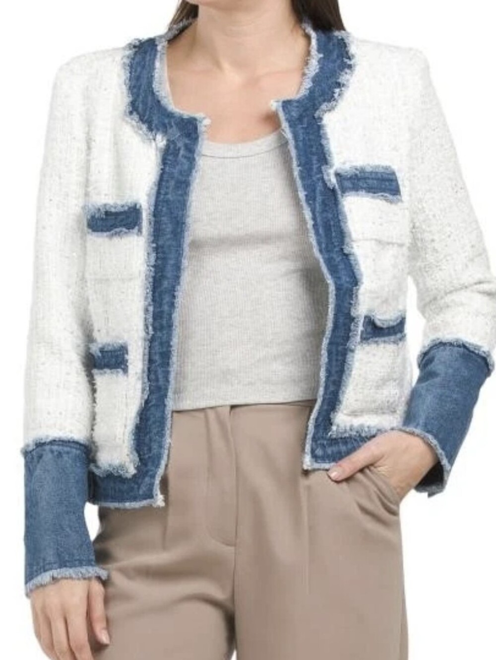 Nanette Lepore Tweed & Frayed Denim Jacket w/ Metallic Thread Sequins - Size XL - Picture 16 of 16